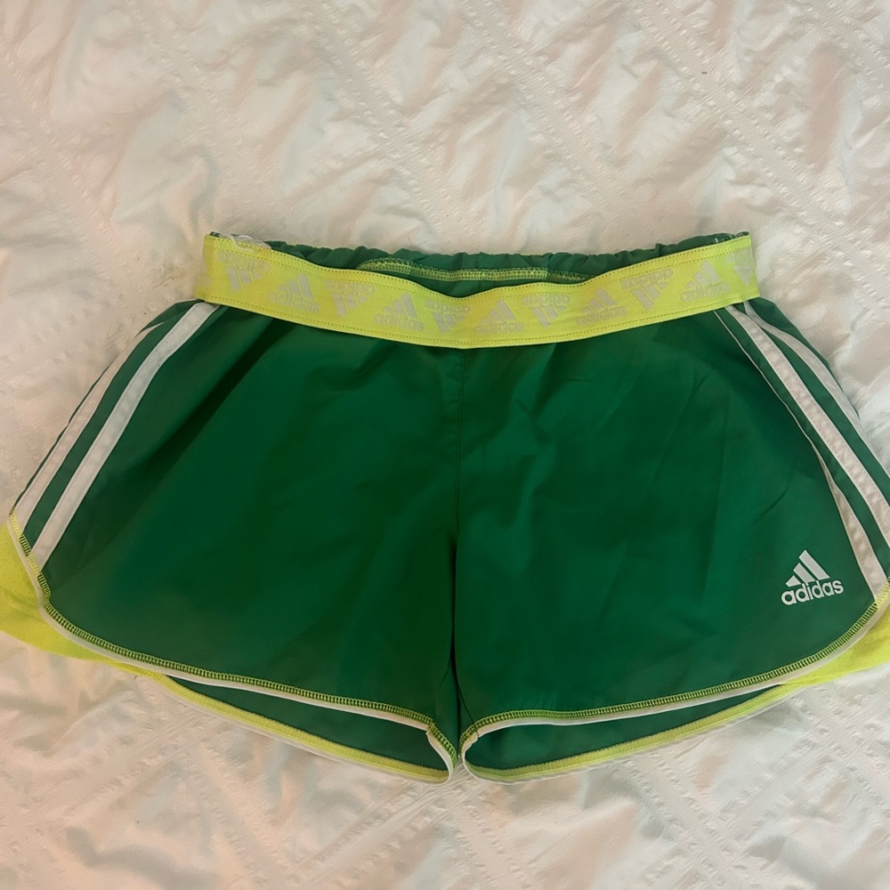 Adidas Green Athletic Shorts with Signature Stripes